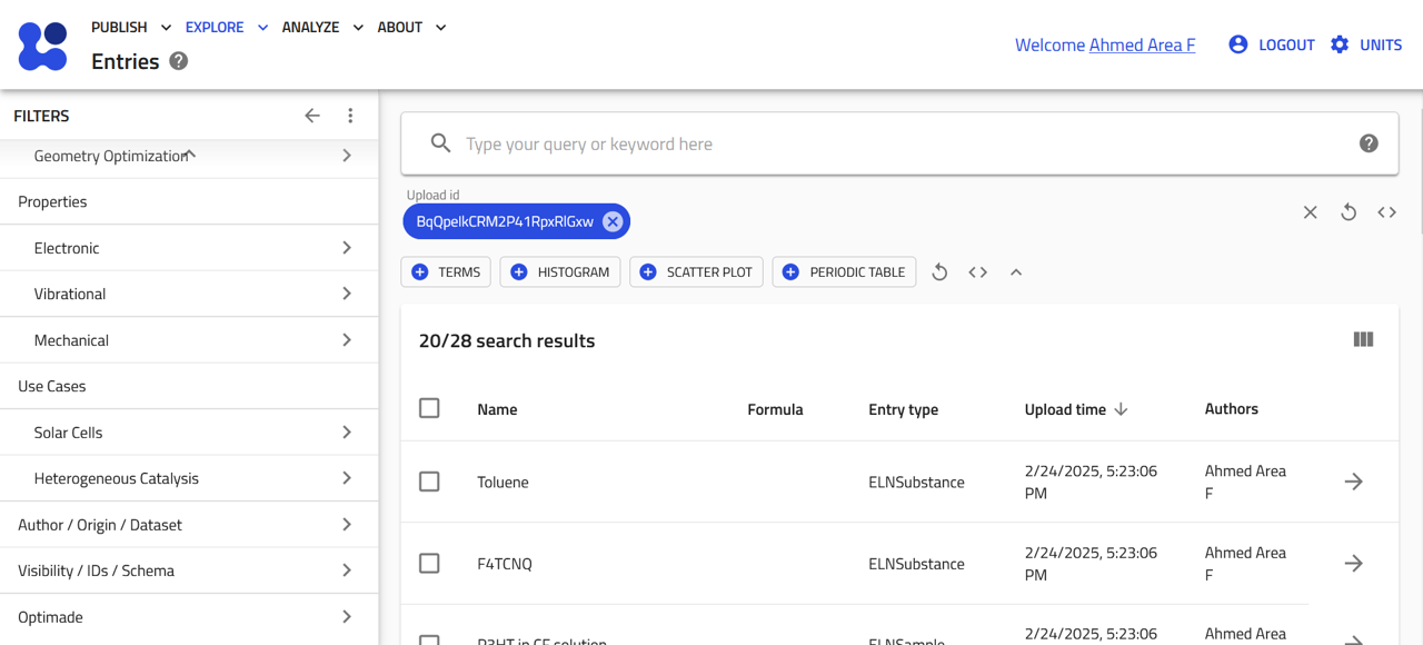 screenshot of NOMAD EXPLORE page with the filter applied