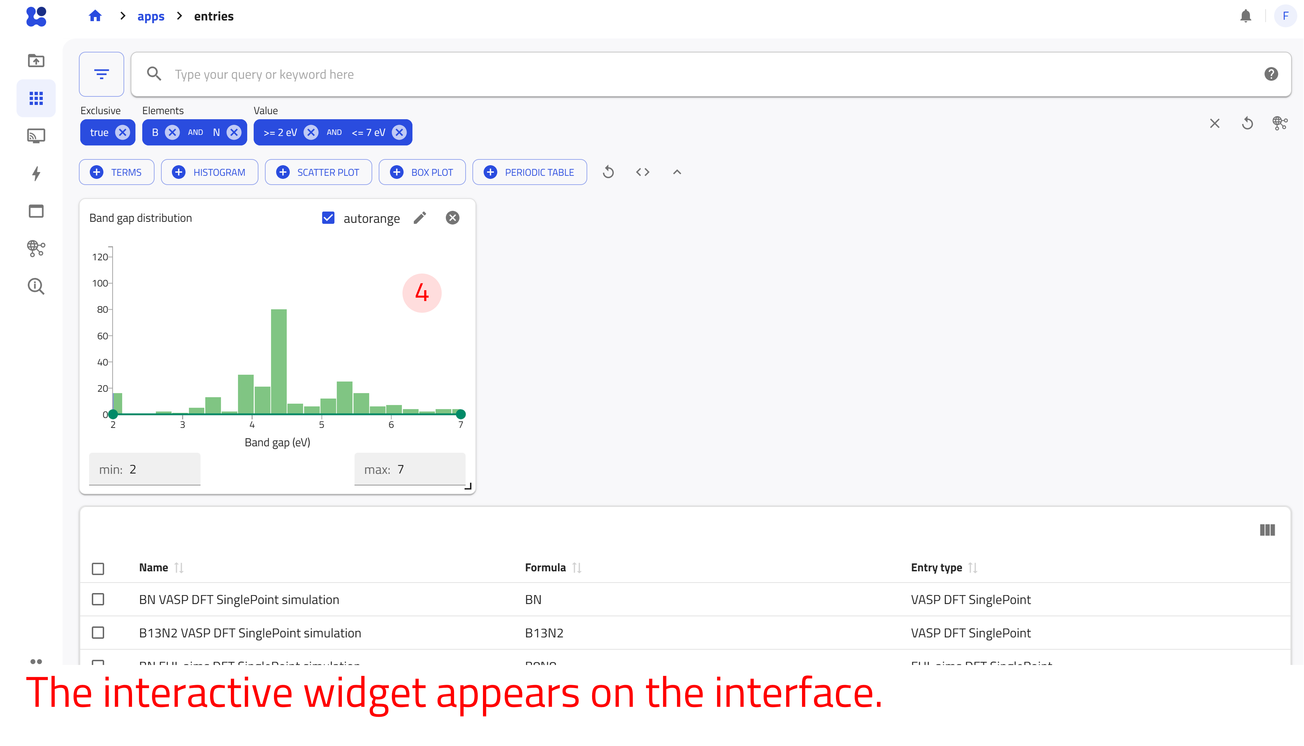 The configured histogram shows the distribution of band gap values in the search results.