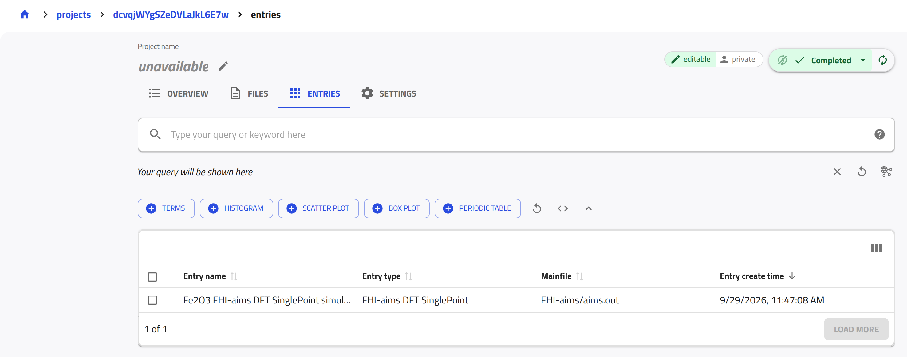 The ENTRIES tab of the DFT project in the NOMAD GUI