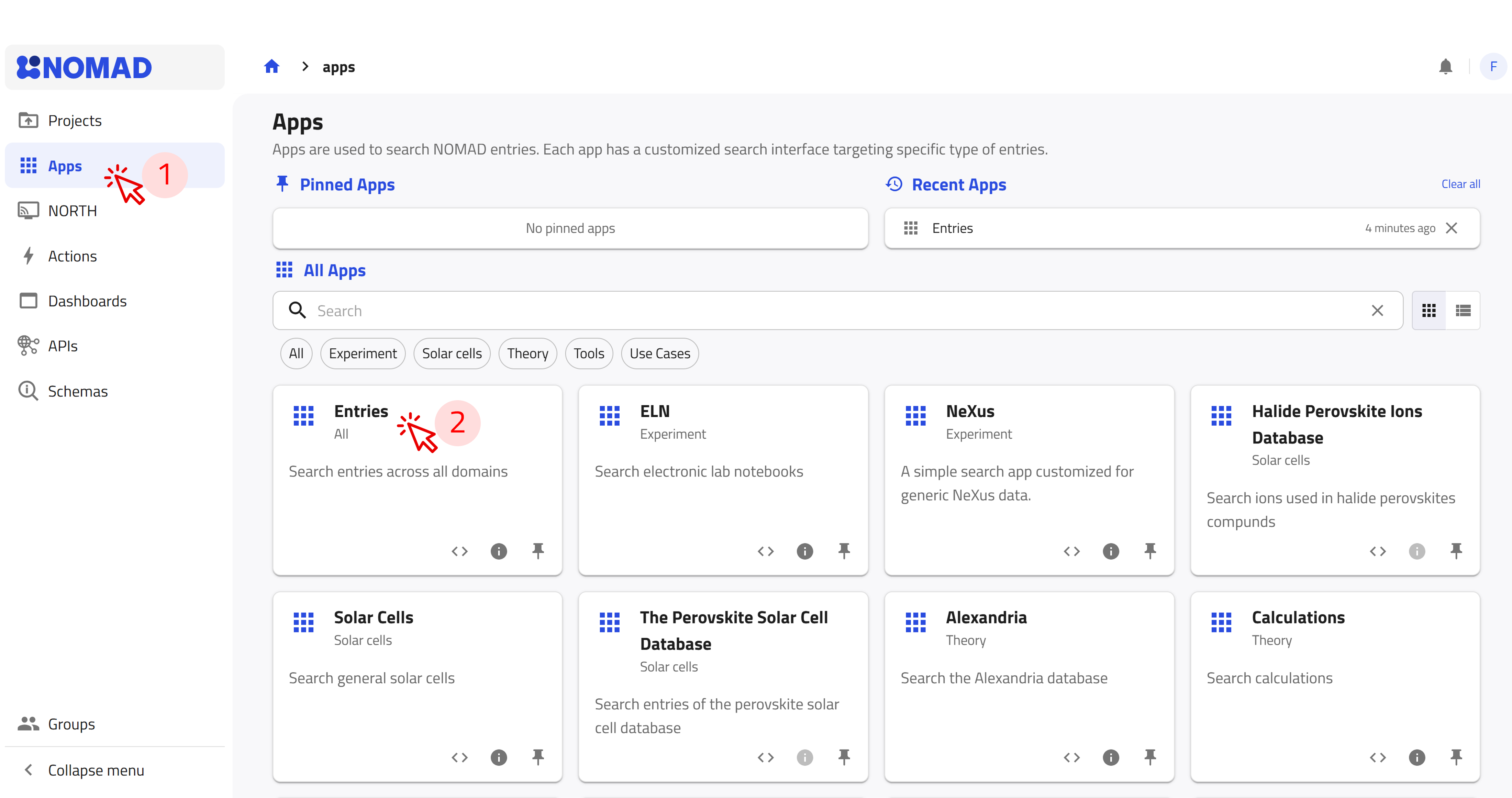 screenshot of the navigation steps to the entries app